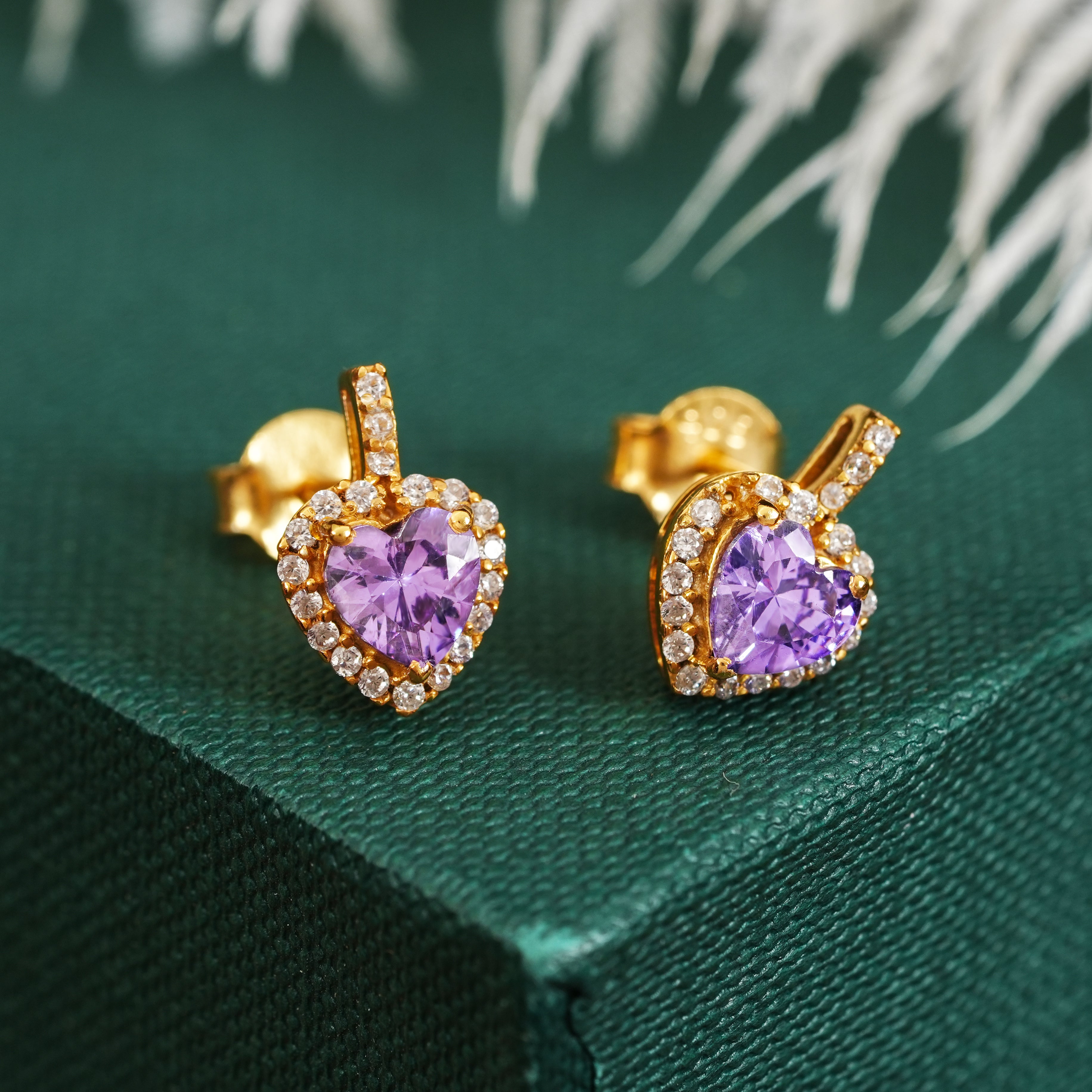 925 Sterling Silver 18K Gold Plated Amethyst Heart Studs